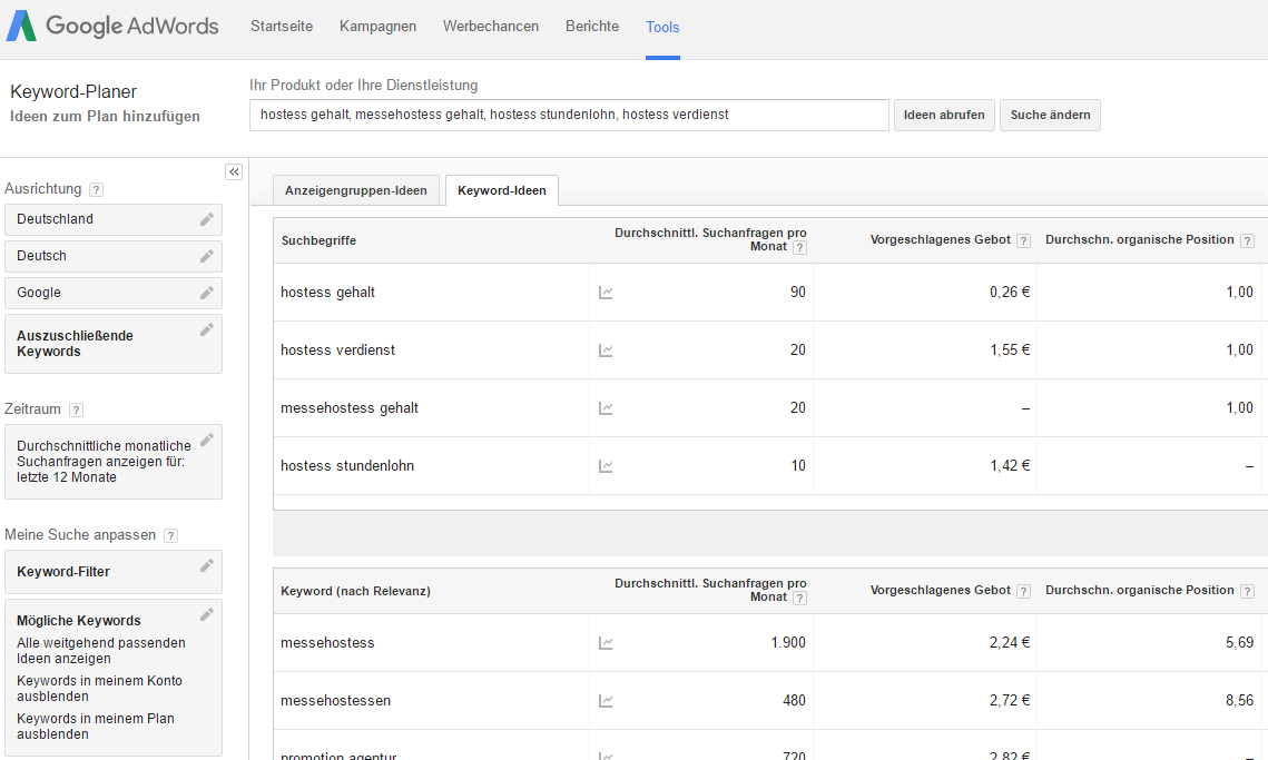 Keyword Planer von Google Adwords - Screenshot