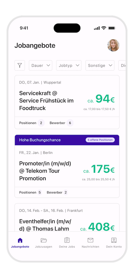 Jobangebote und kurzfristige Nebenjobs in der InStaff App mit Stundenlohn-Anzeige