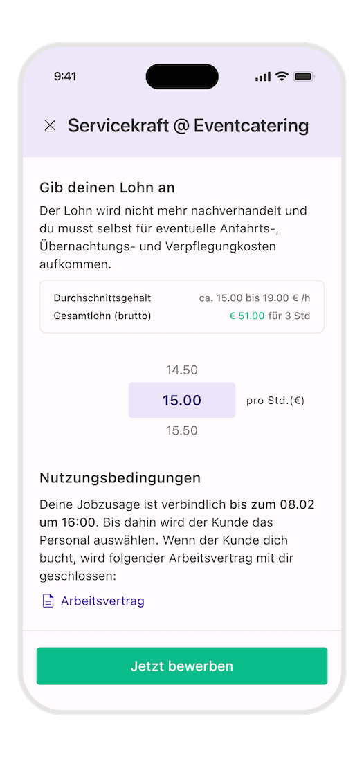 InStaff App Bewerbung auf Servicekraft Job mit Stundenlohn-Auswahl und Vertragsübersicht